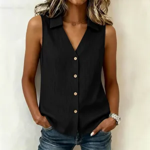 Close-up of sleeveless V-neck button-down top detail, solid color casual summer vest style.