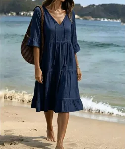 Women Navy Blue V-Neck Tiered Midi Dress Casual Beach Vacation Tassel Summer Sundress