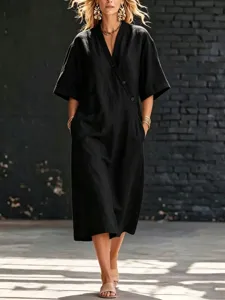 Robe longue noire col V manches courtes boutons été décontractée ample pour femmes