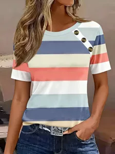 Women's casual striped short sleeve t-shirt with decorative shoulder buttons, soft daily top.