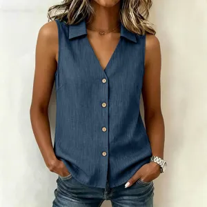 Solid color button V-neck sleeveless vest top for women, casual summer fashion shirt blouse.