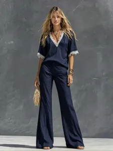 Women linen two piece set short sleeve lace V-neck top high waist wide leg pants summer chic