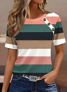 Details of the stylish striped short sleeve t-shirt with chic shoulder buttons for women.