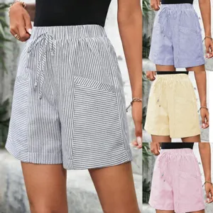 Shorts Casuales A Rayas con Cordón y Cintura Elástica para Mujer Bolsillos Verano