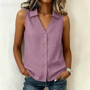 Detailed close-up view of the solid color sleeveless V-neck button down vest top.