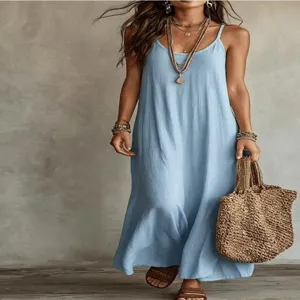 Abito lungo estivo casual bohémien azzurro da donna per vacanze al mare vestito