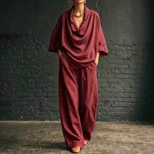 Women Casual Cowl Neck Top And Wide Leg Pants Set Solid Color Long Sleeve Two Piece Outfit Comfortable Loose Tracksuit