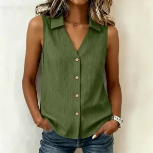 Solid color v-neck sleeveless button down lapel vest top for women summer casual wear.