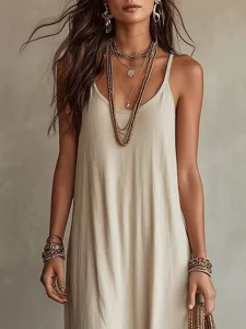 Abito lungo tinta unita boho con scollo a V e spalline sottili con gioielli donna.