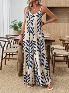 Women tropical leaf print V-neck spaghetti strap casual wide leg long jumpsuit outfit