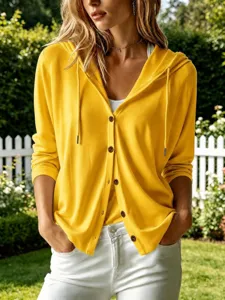 Cardigan femme jaune uni à manches longues et capuche avec boutons mode décontracté