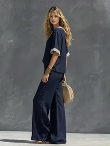 Summer cotton linen set featuring lace trim short sleeve top and high waist wide leg pants.