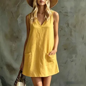 Casual summer V-neck sleeveless patch pocket cotton linen short dress for women daily wear