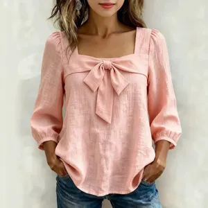 Blouse Décontractée à Col Carré et Manches Longues pour Femmes Nœud Couleur Unie Coupe Ample Printemps Été Mode Chemise