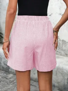 Mujer pantalones cortos casuales de rayas rosa blanco cintura elástica verano playa vista trasera
