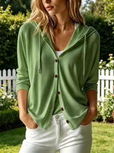 Cardigan vert décontracté à capuche pour femme haut en tricot à manches longues
