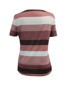 Casual striped short-sleeve t-shirt back view, showcasing horizontal pink and brown tones.