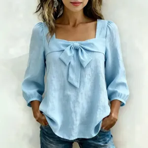 Femme chemisier bleu clair col carré nœud papillon printemps été élégant haut chic