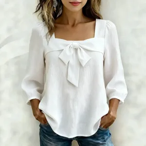 Femme chemisier blanc col carré nœud élégant haut solide manches longues mode chemise