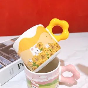 Ins Mignon Créatif Lapin Dessin Animé Tasse En Céramique Avec Poignée Fleur Tasse À Café Pour Maison Usage Quotidien Cadeau