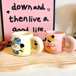 Cute cartoon puppy ceramic coffee mug with chunky handle, perfect detail scene display.