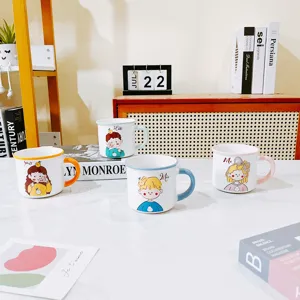 Detailed view of cute ceramic coffee mugs with lovely cartoon designs for daily use.