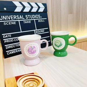 Retro high foot ceramic coffee mug with floral lace pattern, cute aesthetic gift cup for tea water
