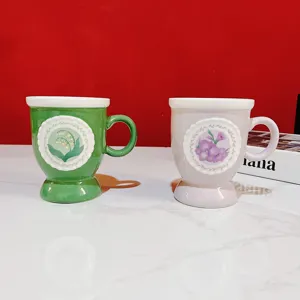 Retro High Foot Ceramic Mug European Style Embossed Lace Floral Coffee Cup Lily Of The Valley Mug For Women Home