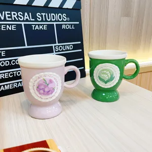 Vintage High Foot Ceramic Mug With Relief Lace Floral Pattern Retro Green Purple Coffee Cup For Home Office Gift