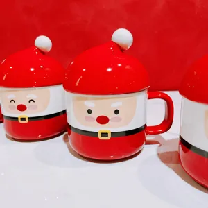 Detailed close-up of Santa Claus ceramic mug with hat lid, cute holiday gift design.