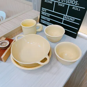Ins Style Cream Color Ceramic Tableware Rice Bowl Round Plate Cup Simple Dinner Set