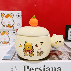 Cute ceramic coffee mug with lid and bear handle, creative cartoon design for daily use and gifts.