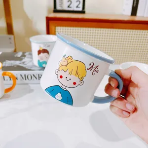 Ins cartoon creative ceramic coffee mug for couples, cute boy design milk water cup.