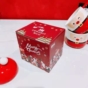 Detailed view of the cute Christmas Santa ceramic mug with matching lid and gift box.