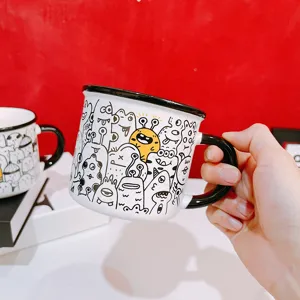 Tasse à café en céramique motif monstre mignon, bordure et poignée noires, tasse de petit-déjeuner
