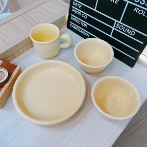 Cream ceramic tableware set cute butter yellow mug plate and bowl ins style kitchen dining ware