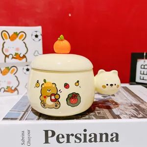 Cute cartoon ceramic coffee mug with lid and cute bear handle, ideal for drinks.