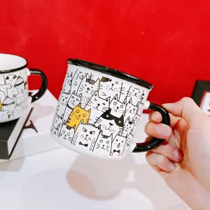 Tasse en ceramique chat cartoon, jolie tasses a cafe fantaisie avec anse, mug de lait pour cadeaux.