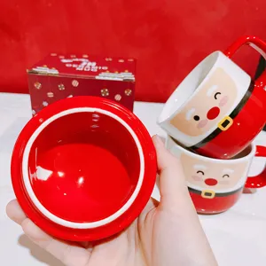 Christmas Santa Claus ceramic mug with lid, cute cartoon detail view for holiday gift.