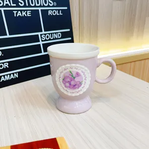 Retro high foot ceramic mug with elegant floral lace pattern for coffee and tea daily use.
