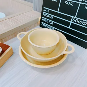 Cream ceramic tableware set cute single meal bowl and plate for kitchen dining table decor