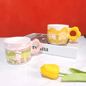 Tasse en ceramique lapin mignon avec poignee fleur, tasse a cafe creative pour cadeau.