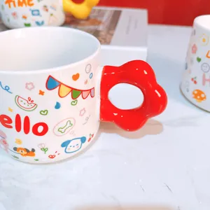 Cute cartoon ceramic coffee mug featuring creative red flower shaped handle and colorful doodle prints.
