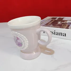 Vintage high-foot ceramic mug with elegant floral lace relief, perfect daily coffee and tea.