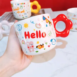 Cute ceramic coffee mug with flower handle cartoon printed daily drinkware gift cup