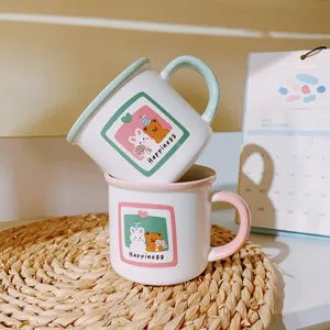 Cute cartoon couple ceramic mug set with bear and rabbit design for coffee daily use.