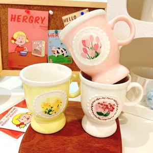 Ceramic floral coffee mug set, embossed tulip and hydrangea design, elegant afternoon tea cup.