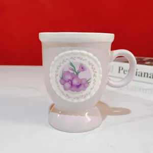 Retro ceramic pedestal mug with floral pattern, elegant lace embossed design for coffee.