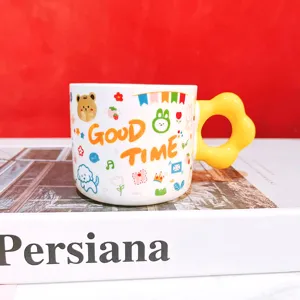 Cute cartoon ceramic mug with creative flower-shaped handle, ideal coffee or milk cup for gifts.