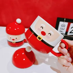 Christmas Santa Claus ceramic mug with lid, cute holiday gift milk cup, festive red and white design.